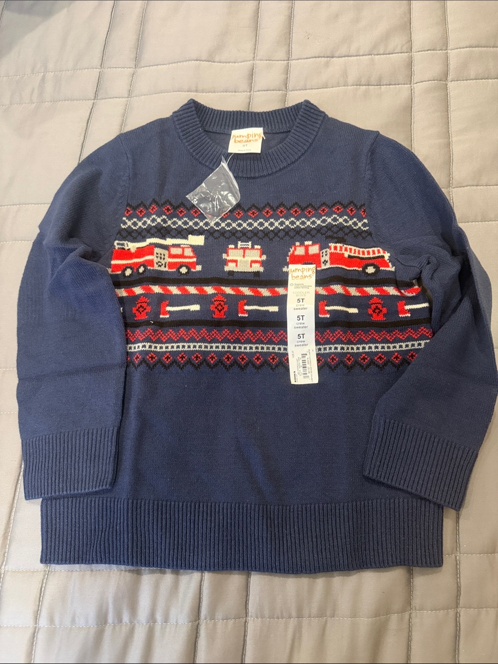 jumping beans Navy Crewneck Sweater with Red and White Firetruck Motif